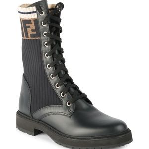Fendi Rockoko Leather & Knit Combat Boots size 38